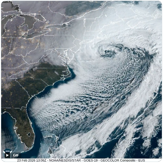 Satellite image of the Bomb Cyclone that produced The Blizzard of 2026